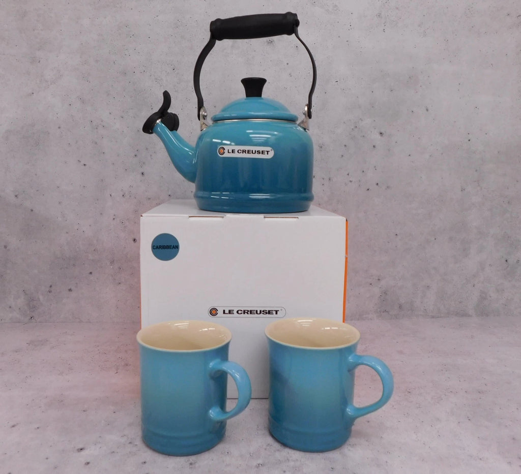 Le Creuset Enamel on Steel 1.25 Quart Demi Tea Kettle and 2 Mug Set, Caribbean
