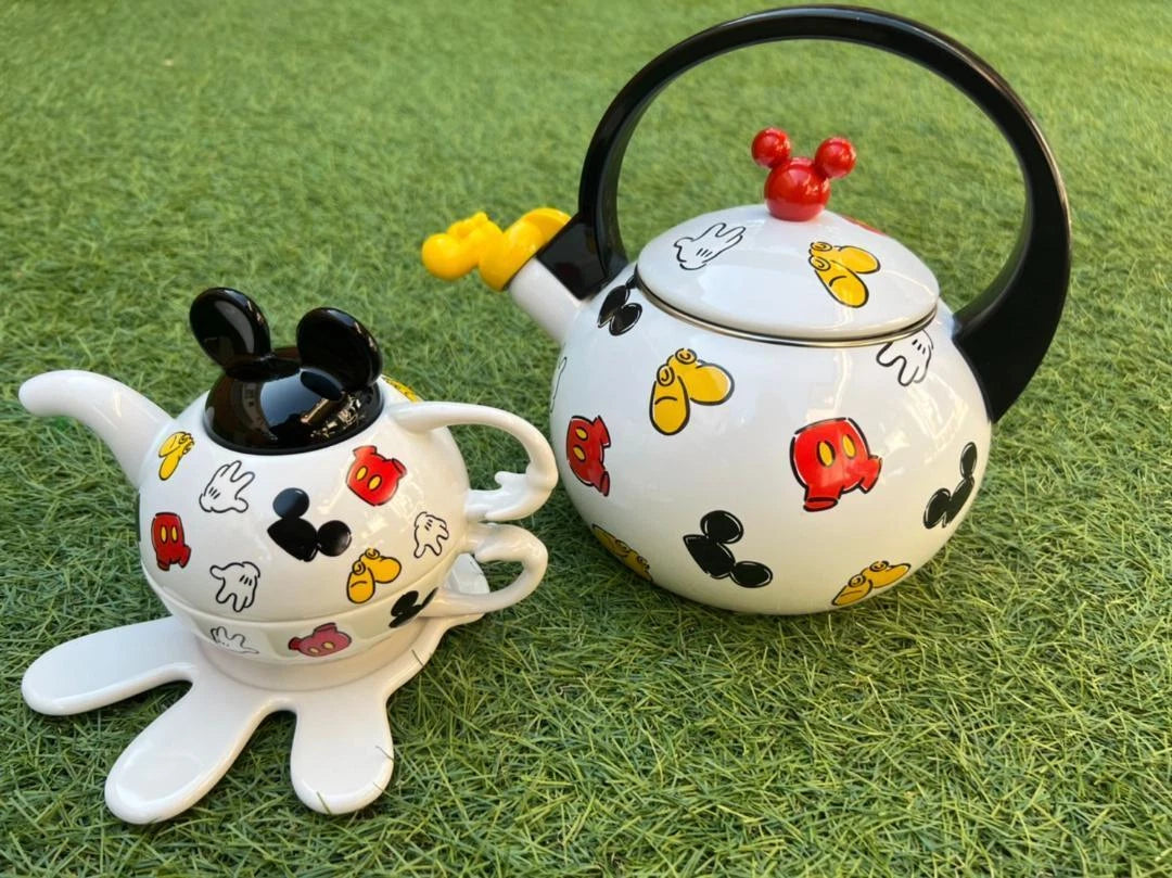 Disney Mickey Mouse Kettle/teapot/pot stand/cup set 2000s White ENAMEL Disney
