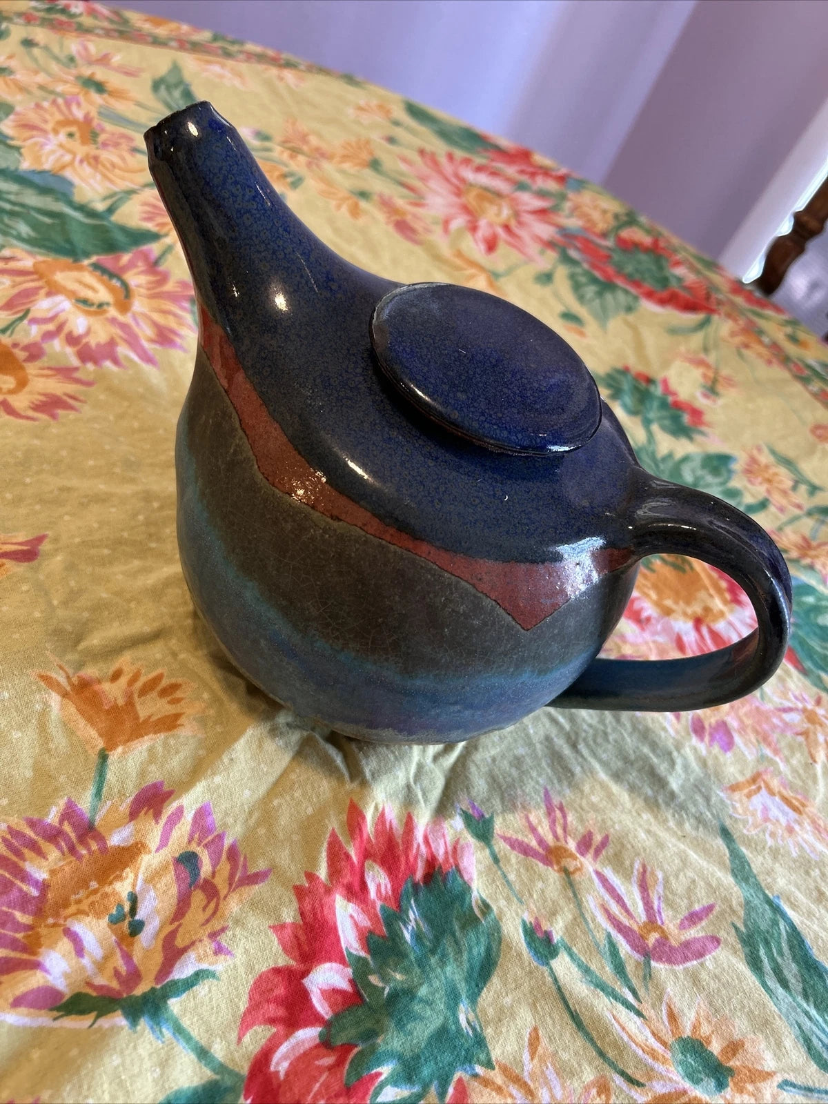 Handmade Tea Pot Multi Colored Enamel Glaze Pottery