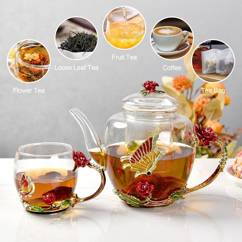 Elegant 46oz Glass Teapot with Butterfly & Flower Design - Removable Infuser