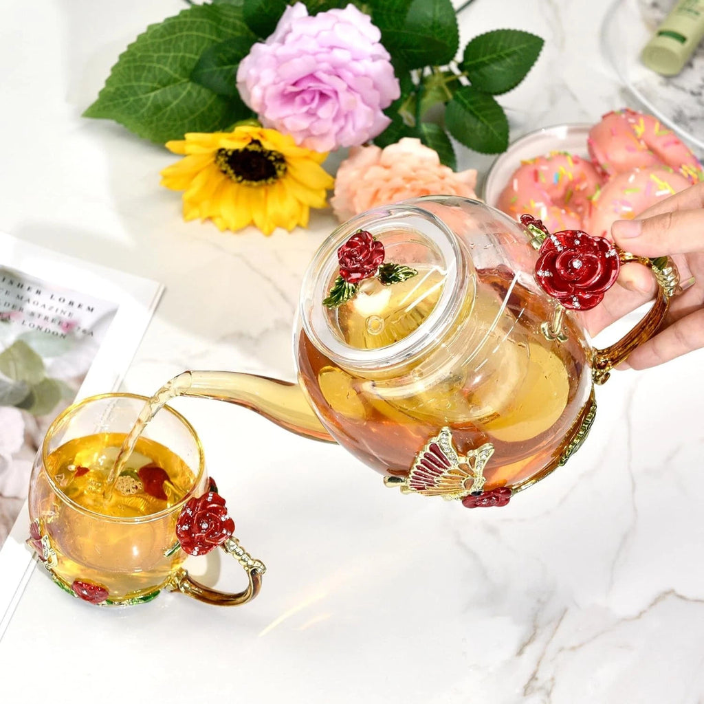 Elegant 46oz Glass Teapot with Butterfly & Flower Design - Removable Infuser