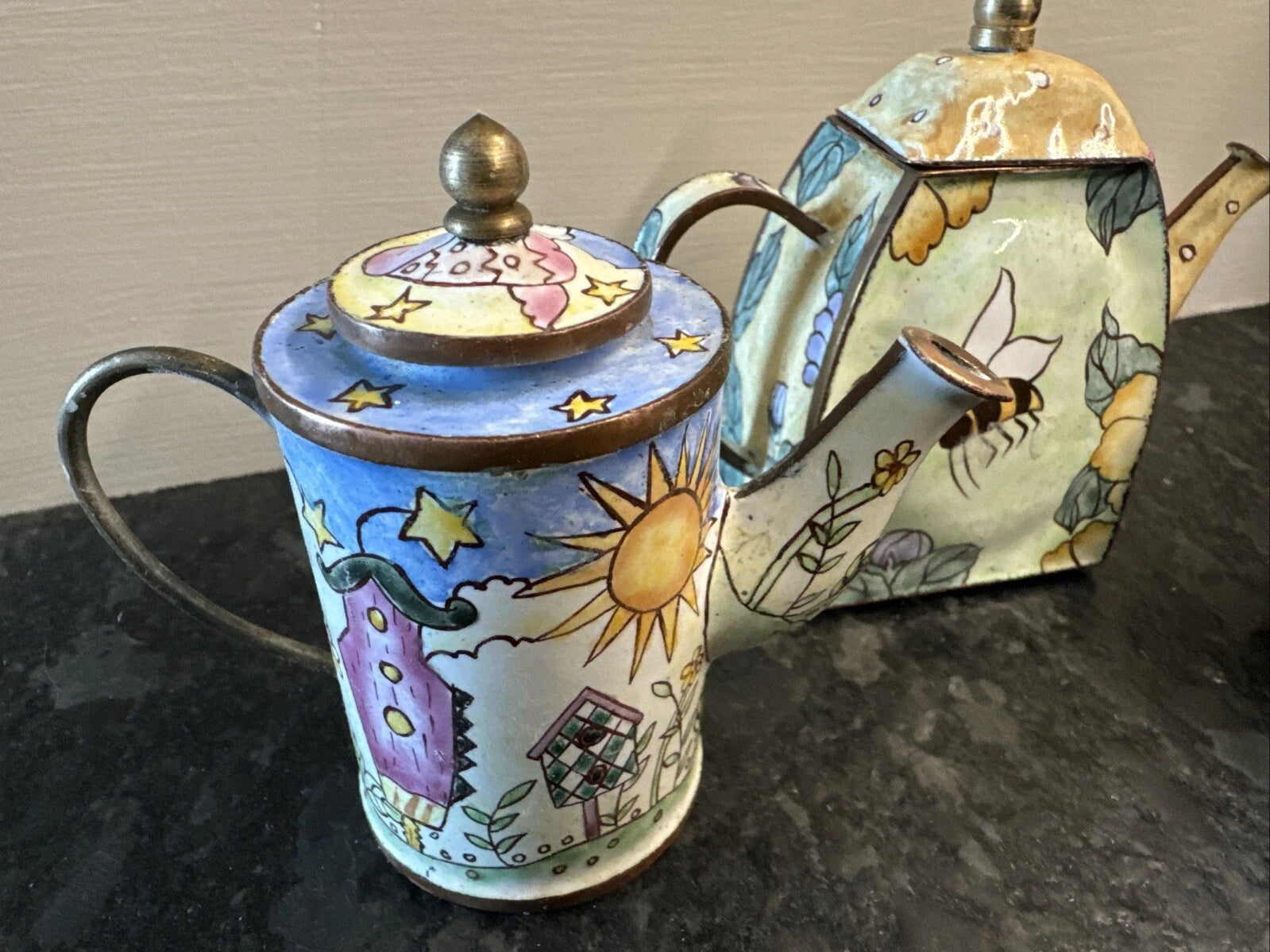 3 Lot Vintage Enameled and Brass Miniature Tea Pots Handmade Empress