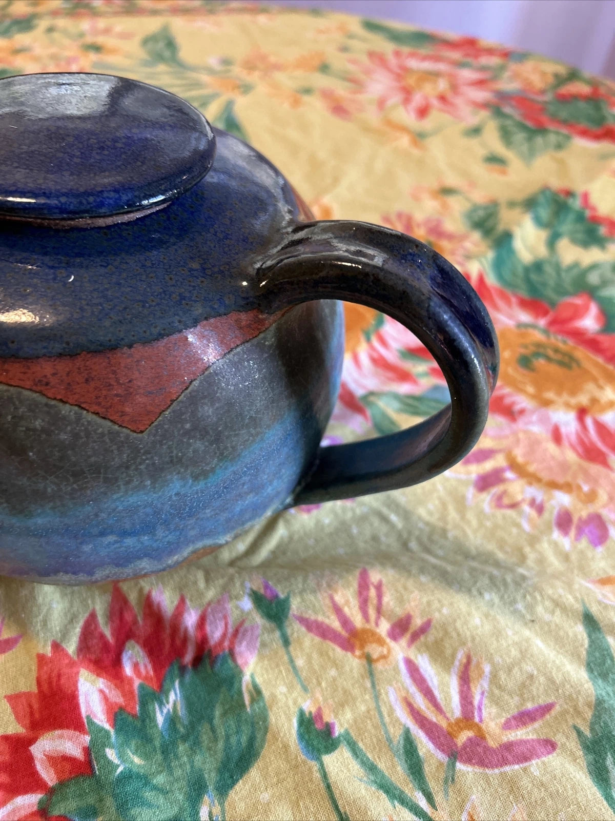 Handmade Tea Pot Multi Colored Enamel Glaze Pottery
