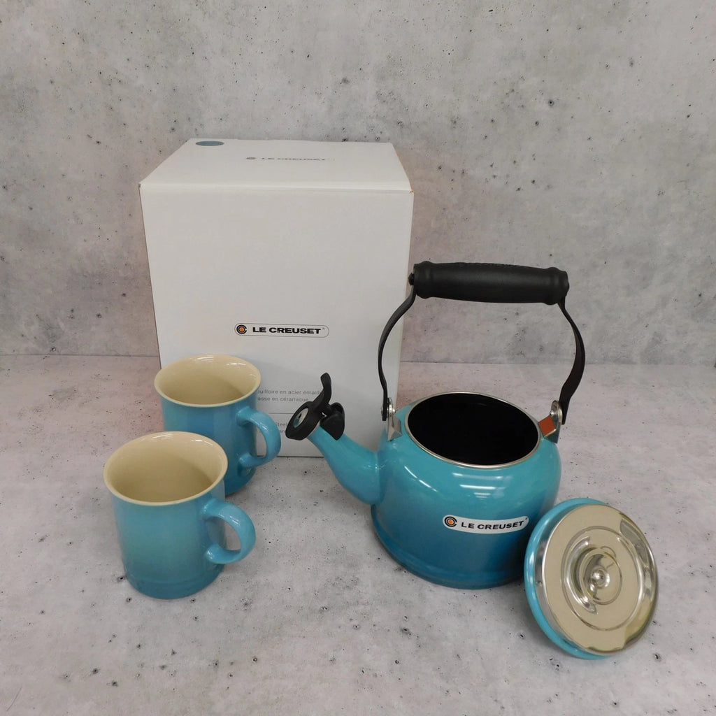 Le Creuset Enamel on Steel 1.25 Quart Demi Tea Kettle and 2 Mug Set, Caribbean