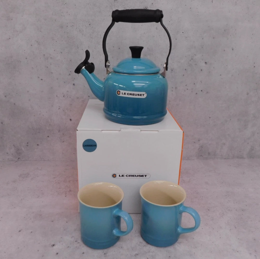 Le Creuset Enamel on Steel 1.25 Quart Demi Tea Kettle and 2 Mug Set, Caribbean