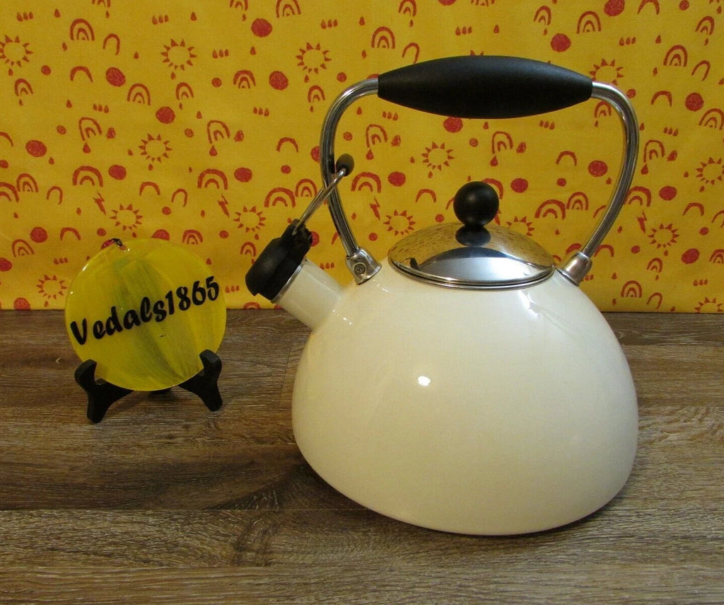 COPCO Whistling Teapot Tea Kettle Cream Enamel Tea Pot 2.5 Qts