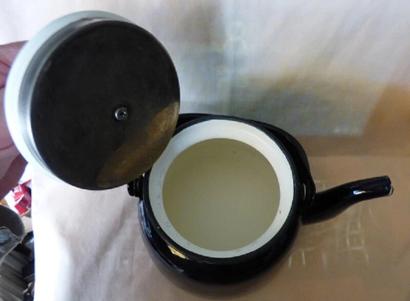 1950s Enamelware Tea Kettle Dark Blue White Lid Interior Huta Silesia Poland 18