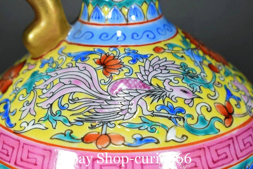 9'' Yongzheng Colour Enamel Porcelain Gilt Dragon Beast Phoenix Bird Kettle Pot