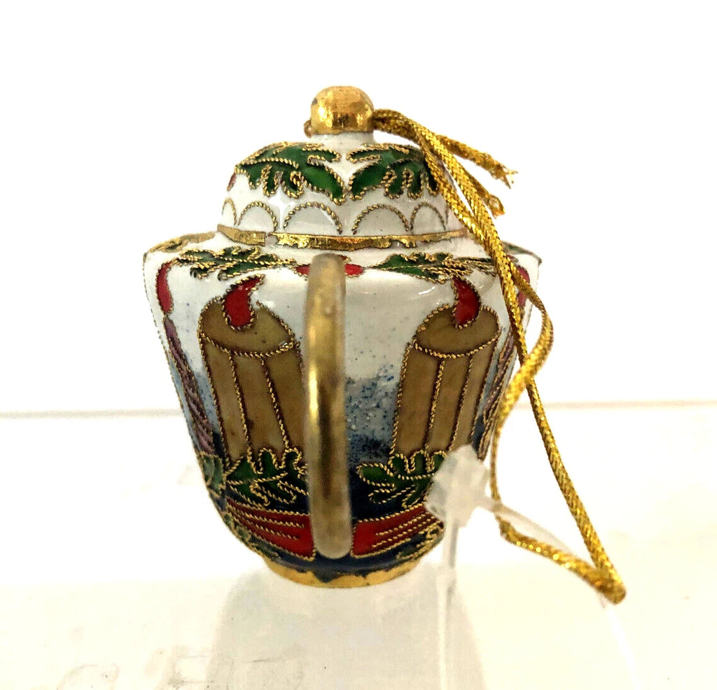 Cloisonné Style Enamel Mini Teapot Ornament White w/ Candles and Holly Leaves