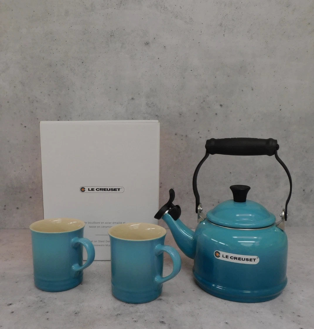 Le Creuset Enamel on Steel 1.25 Quart Demi Tea Kettle and 2 Mug Set, Caribbean