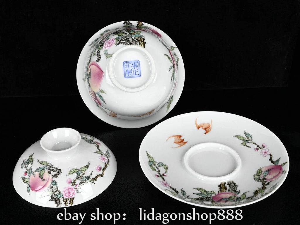 4.4" Yongzheng Marked Enamel Porcelain Peach Pattern Lid Bowl Cup Plate Set