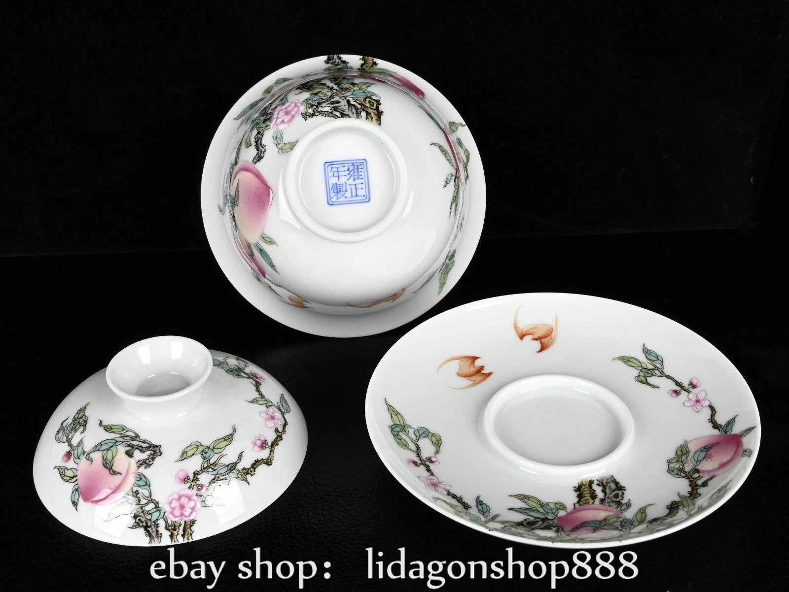 4.4" Yongzheng Marked Enamel Porcelain Peach Pattern Lid Bowl Cup Plate Set