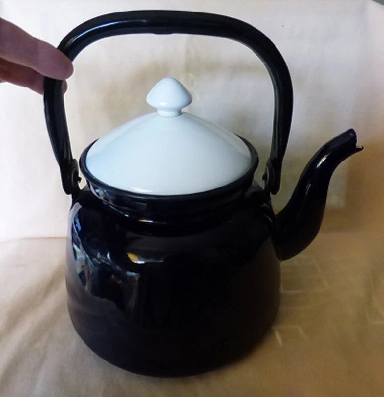 1950s Enamelware Tea Kettle Dark Blue White Lid Interior Huta Silesia Poland 18