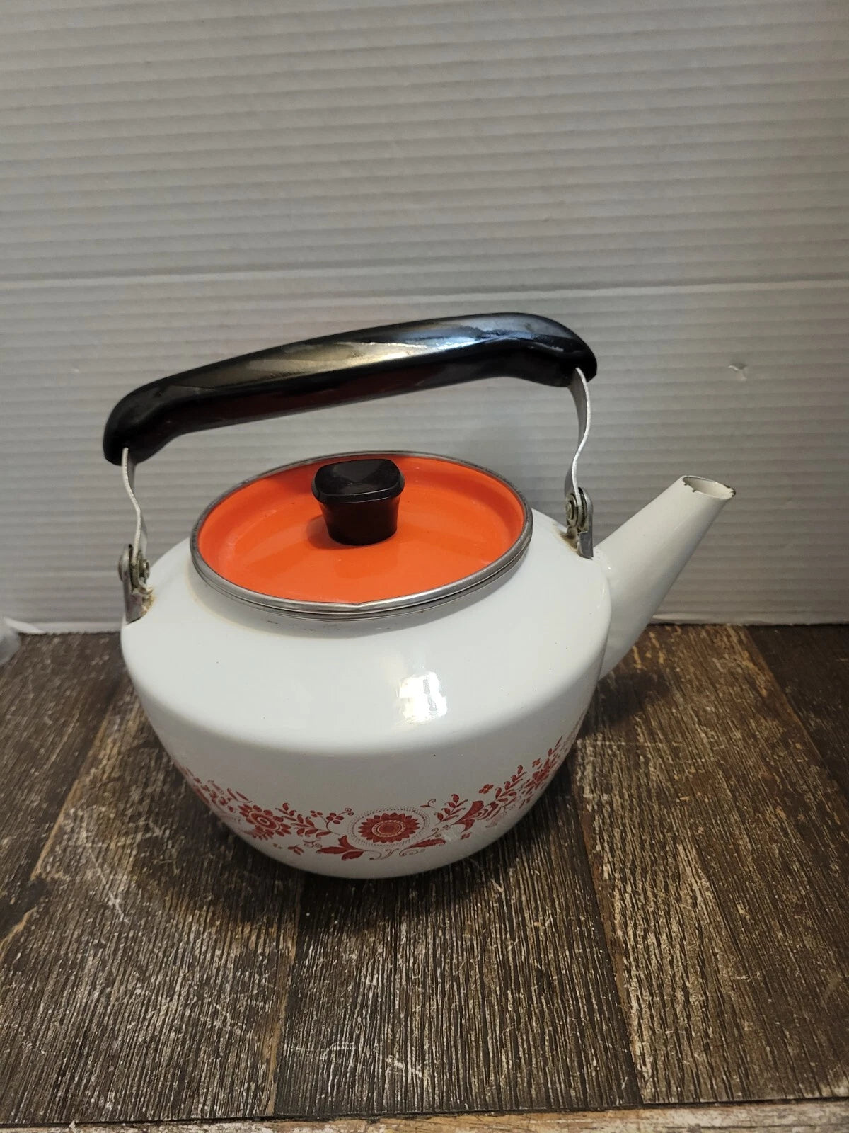 Debonaire Japan Enamelware Tea Kettle White w Orange Red Pattern & Lid MCM