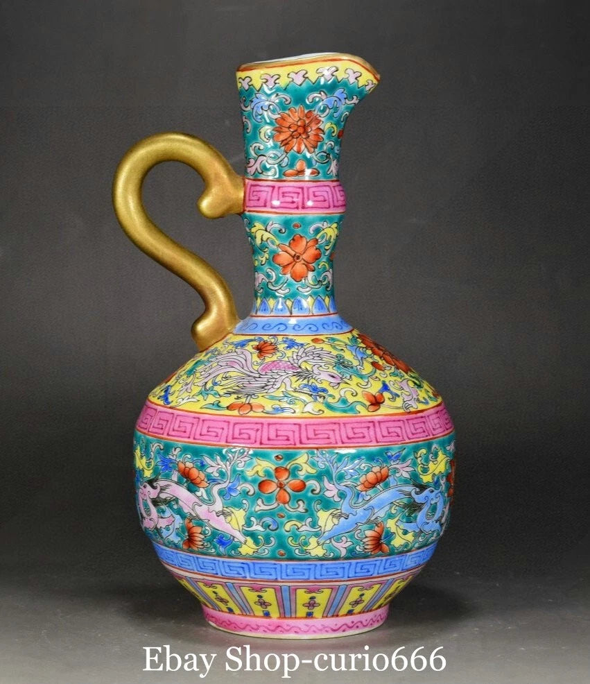 9'' Yongzheng Colour Enamel Porcelain Gilt Dragon Beast Phoenix Bird Kettle Pot