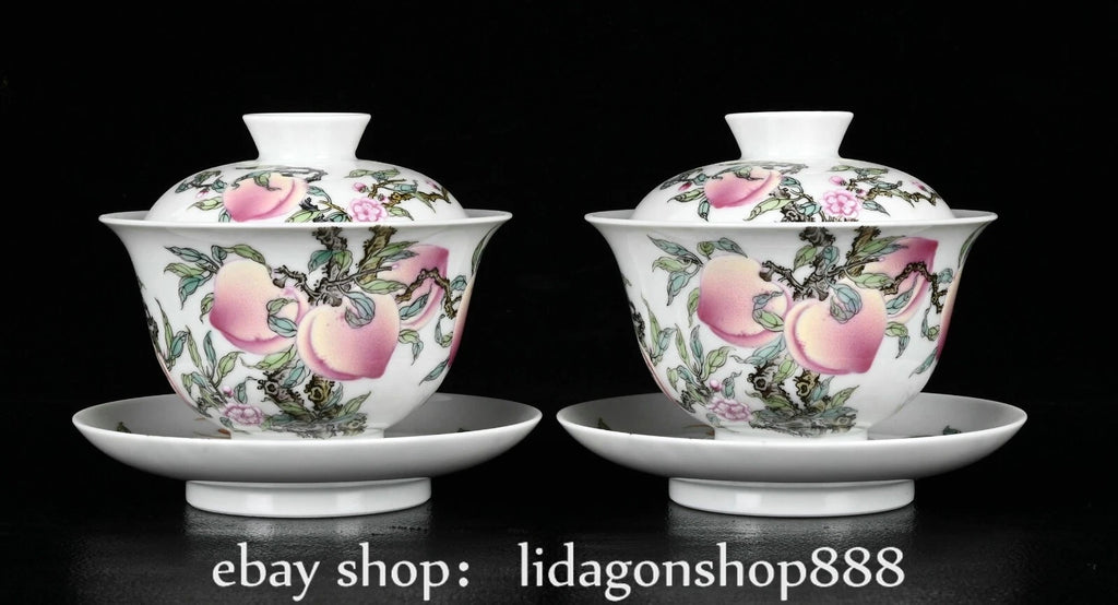 4.4" Yongzheng Marked Enamel Porcelain Peach Pattern Lid Bowl Cup Plate Set