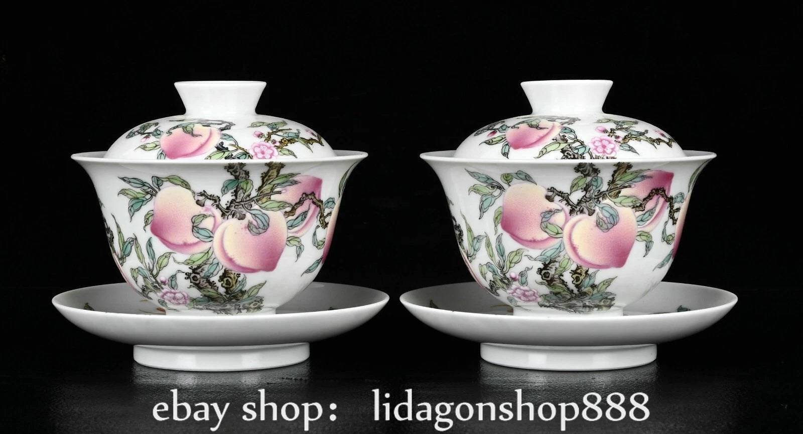 4.4" Yongzheng Marked Enamel Porcelain Peach Pattern Lid Bowl Cup Plate Set