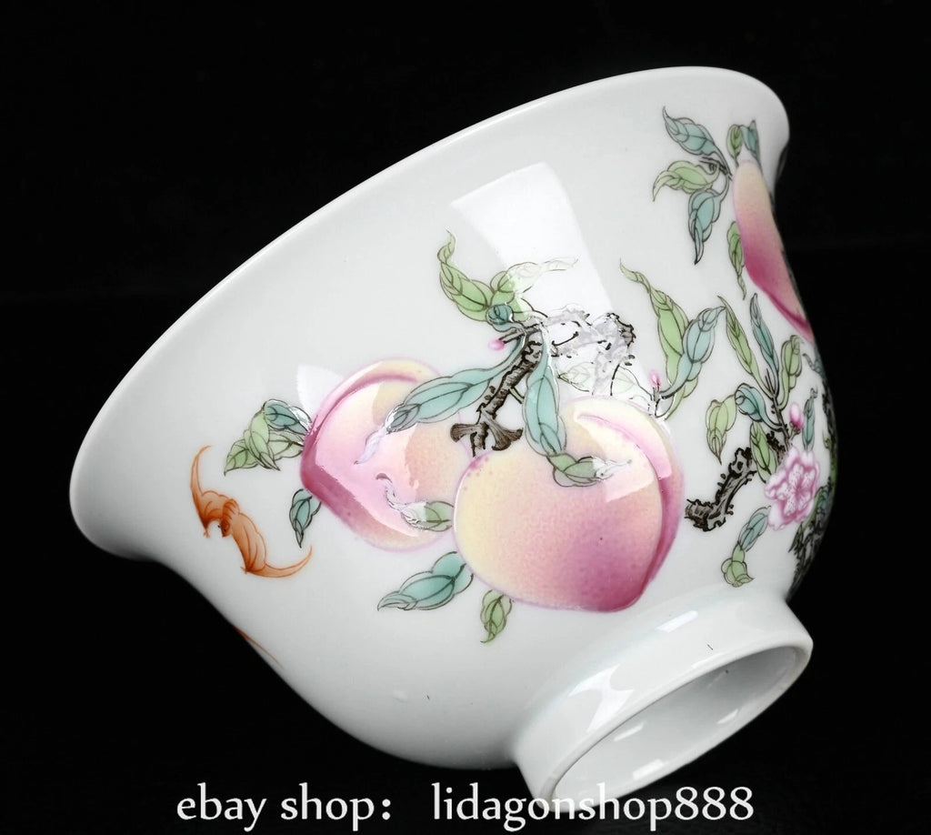 4.4" Yongzheng Marked Enamel Porcelain Peach Pattern Lid Bowl Cup Plate Set