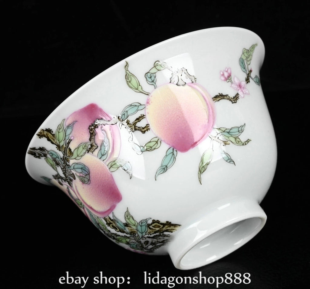 4.4" Yongzheng Marked Enamel Porcelain Peach Pattern Lid Bowl Cup Plate Set