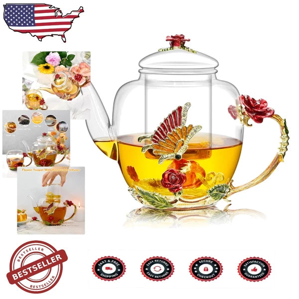 Elegant 46oz Glass Teapot with Butterfly & Flower Design - Removable Infuser
