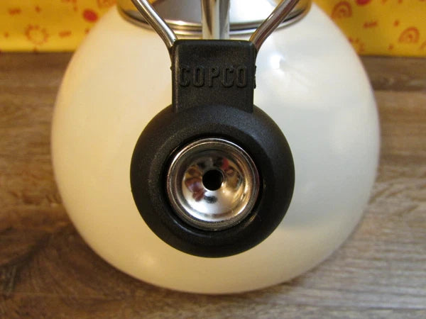 COPCO Whistling Teapot Tea Kettle Cream Enamel Tea Pot 2.5 Qts