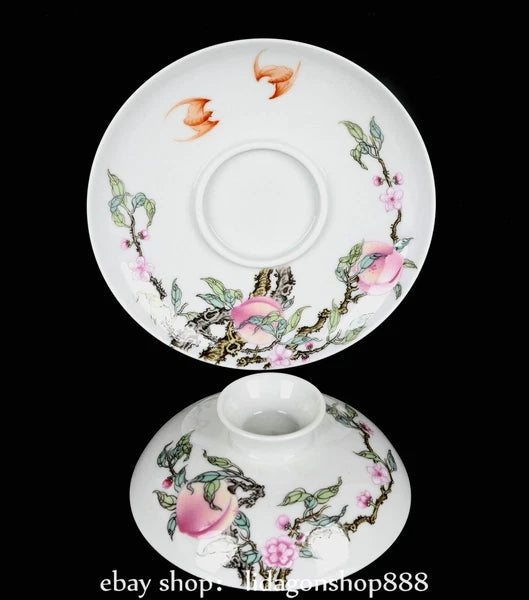 4.4" Yongzheng Marked Enamel Porcelain Peach Pattern Lid Bowl Cup Plate Set