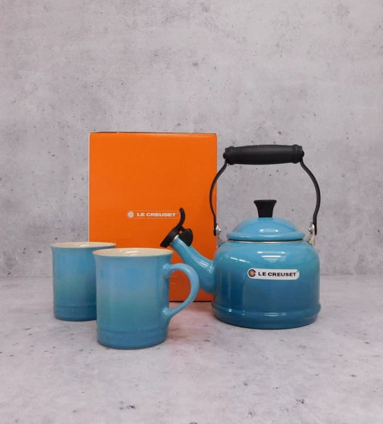 Le Creuset Enamel on Steel 1.25 Quart Demi Tea Kettle and 2 Mug Set, Caribbean