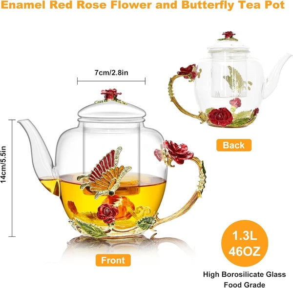 Elegant 46oz Glass Teapot with Butterfly & Flower Design - Removable Infuser