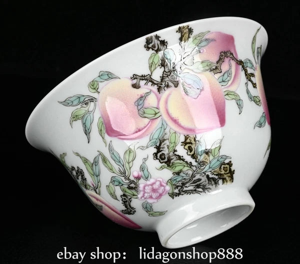 4.4" Yongzheng Marked Enamel Porcelain Peach Pattern Lid Bowl Cup Plate Set