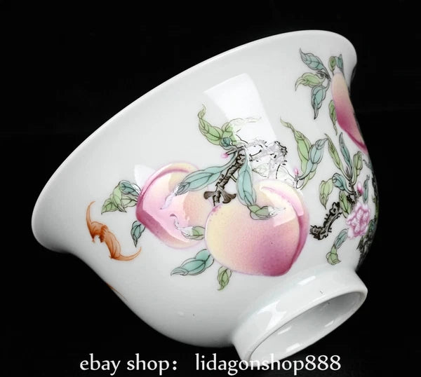 4.4" Yongzheng Marked Enamel Porcelain Peach Pattern Lid Bowl Cup Plate Set