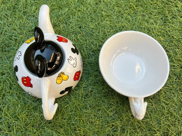 Disney Mickey Mouse Kettle/teapot/pot stand/cup set 2000s White ENAMEL Disney