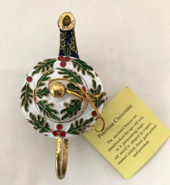 Cloisonné Style Enamel Mini Teapot Ornament White w/ Candles and Holly Leaves