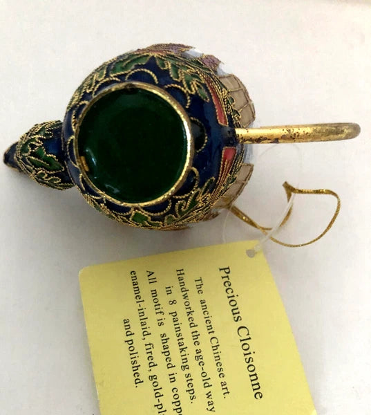 Cloisonné Style Enamel Mini Teapot Ornament White w/ Candles and Holly Leaves