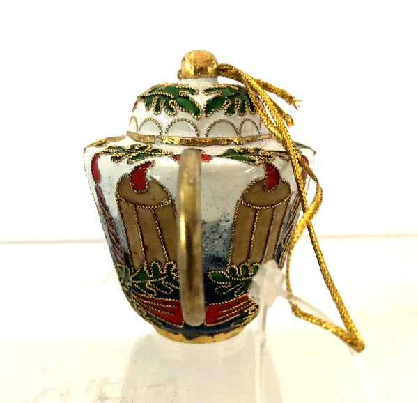 Cloisonné Style Enamel Mini Teapot Ornament White w/ Candles and Holly Leaves