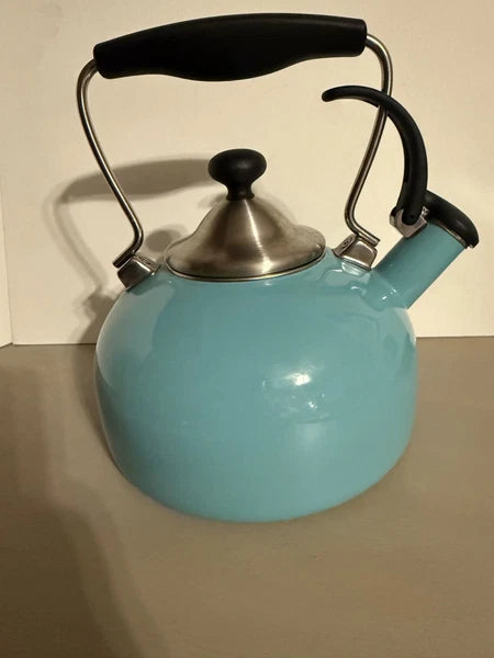 CHANTAL Whistling Tea KETTLE 2 Quart Turquoise Aqua Black On Silver