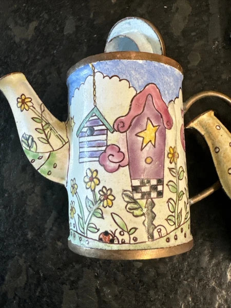3 Lot Vintage Enameled and Brass Miniature Tea Pots Handmade Empress