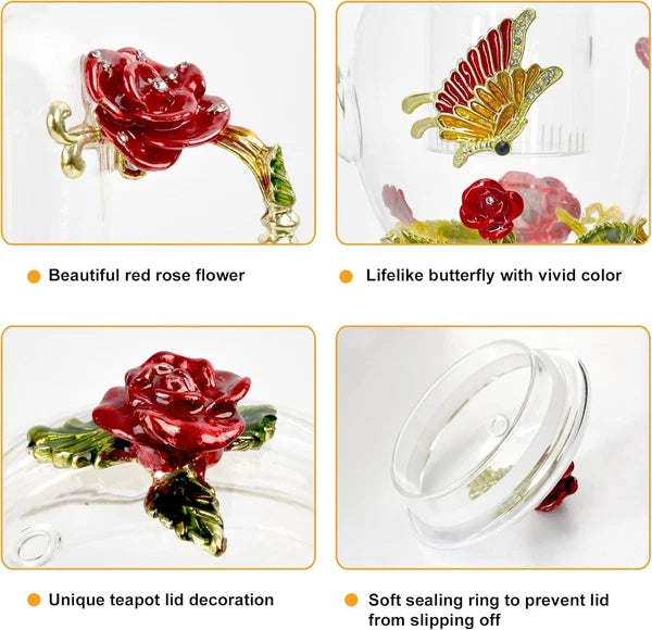 Elegant 46oz Glass Teapot with Butterfly & Flower Design - Removable Infuser