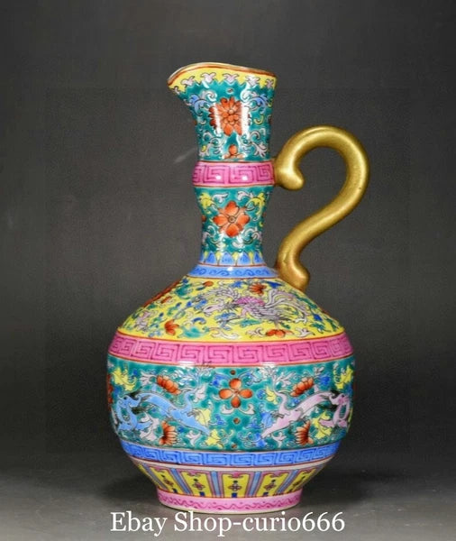 9'' Yongzheng Colour Enamel Porcelain Gilt Dragon Beast Phoenix Bird Kettle Pot