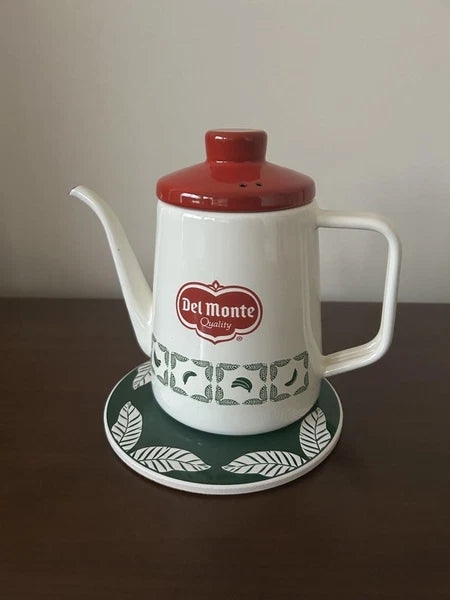 Kettle Delmonte with Hot Pad 2019 Gift-Hooped Enamel Used, Minor Scratches