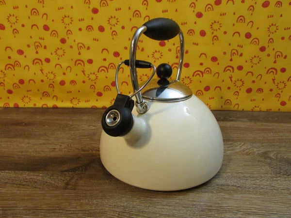 COPCO Whistling Teapot Tea Kettle Cream Enamel Tea Pot 2.5 Qts