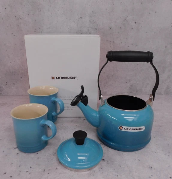 Le Creuset Enamel on Steel 1.25 Quart Demi Tea Kettle and 2 Mug Set, Caribbean