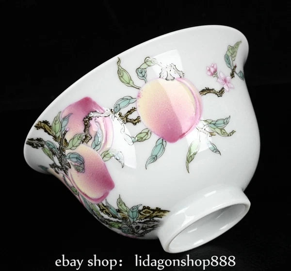 4.4" Yongzheng Marked Enamel Porcelain Peach Pattern Lid Bowl Cup Plate Set