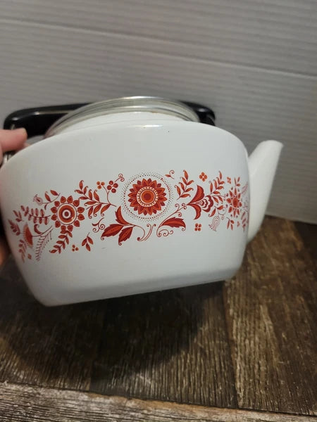 Debonaire Japan Enamelware Tea Kettle White w Orange Red Pattern & Lid MCM