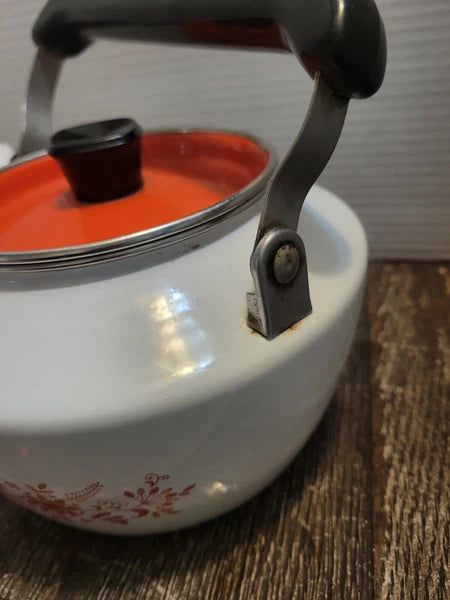 Debonaire Japan Enamelware Tea Kettle White w Orange Red Pattern & Lid MCM