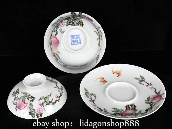 4.4" Yongzheng Marked Enamel Porcelain Peach Pattern Lid Bowl Cup Plate Set