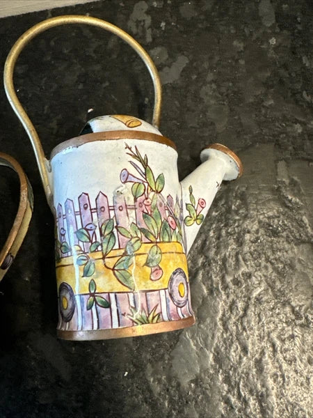 3 Lot Vintage Enameled and Brass Miniature Tea Pots Handmade Empress