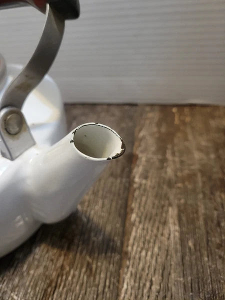 Debonaire Japan Enamelware Tea Kettle White w Orange Red Pattern & Lid MCM