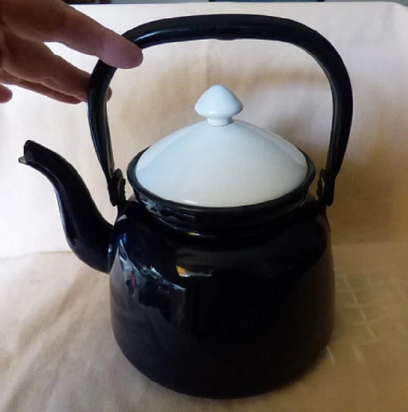 1950s Enamelware Tea Kettle Dark Blue White Lid Interior Huta Silesia Poland 18