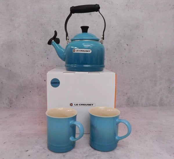 Le Creuset Enamel on Steel 1.25 Quart Demi Tea Kettle and 2 Mug Set, Caribbean
