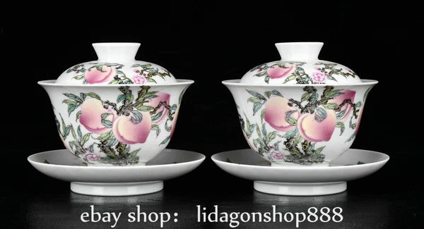 4.4" Yongzheng Marked Enamel Porcelain Peach Pattern Lid Bowl Cup Plate Set